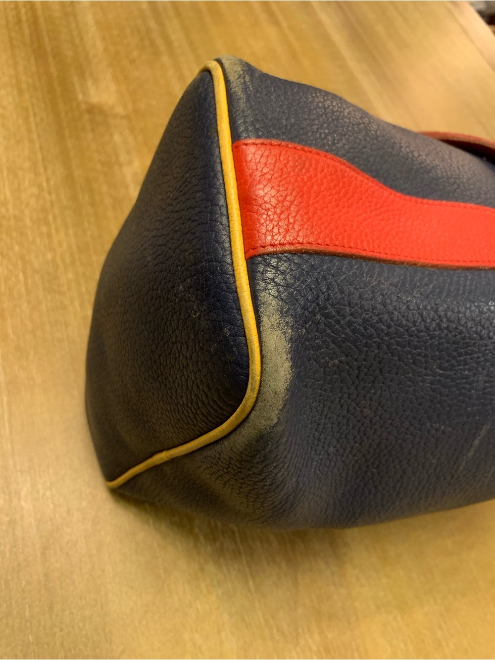 Dooney & Bourke Navy, Red & Yellow Leather Drawstring Bucket Bag - Picture 6 of 16